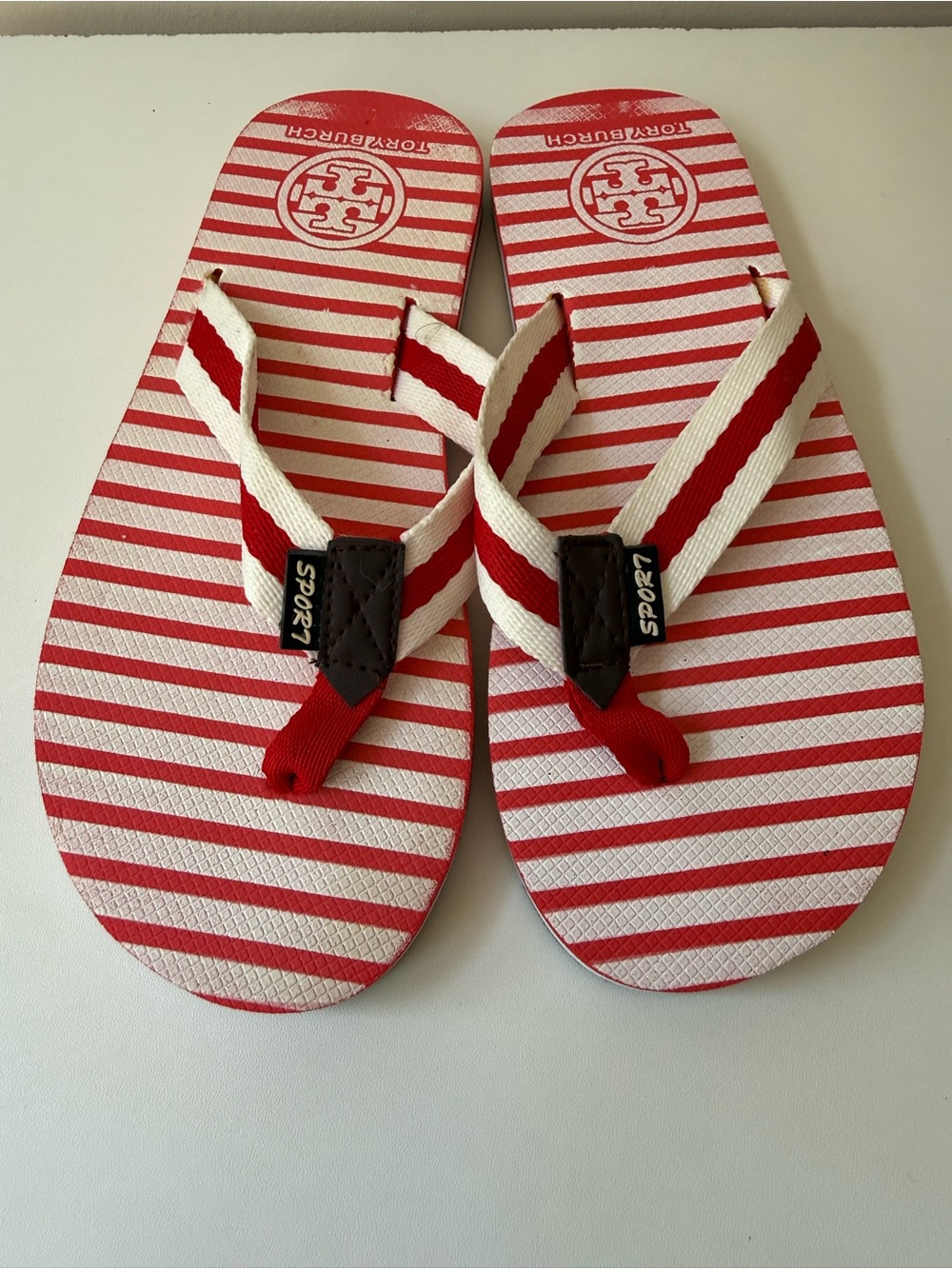 Tory Burch Red and White Striped Kids Flip Flops